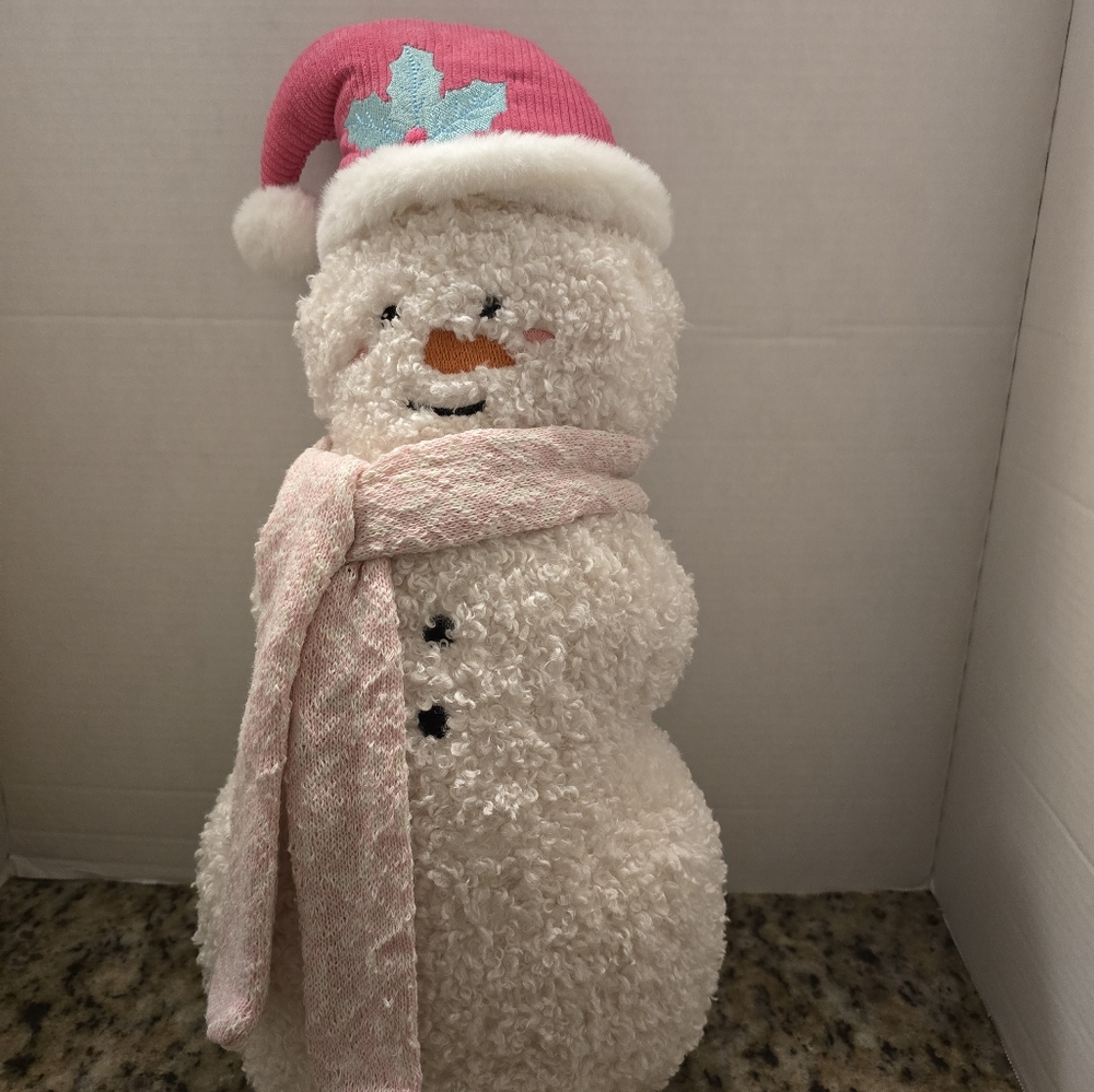 Festive Snowman Plush with Pink Hat and Scarf